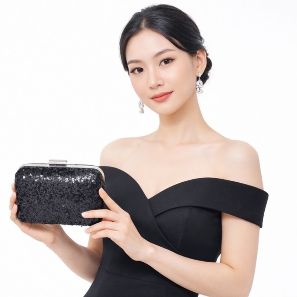 Expressions NYC‎ Black Sequin Box Clutch Evening Bag Silver Chain Strap 43-12
